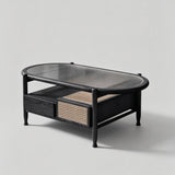 Nordic Oval Coffee Table with Fluted Glass & Rattan Drawers - StoolTopia