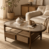 Nordic Oval Coffee Table with Fluted Glass & Rattan Drawers - StoolTopia