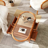 Nordic Oval Coffee Table with Fluted Glass & Rattan Drawers - StoolTopia