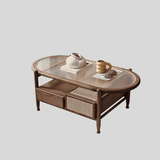 Nordic Oval Coffee Table with Fluted Glass & Rattan Drawers - StoolTopia