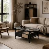 Nordic Oval Coffee Table with Fluted Glass & Rattan Drawers - StoolTopia
