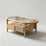 Nordic Oval Coffee Table with Fluted Glass & Rattan Drawers - StoolTopia