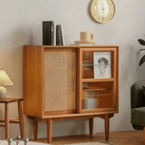 Nordic Pine Wood Sideboard with Rattan & Glass Sliding Doors - StoolTopia