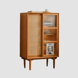 Nordic Pine Wood Sideboard with Rattan & Glass Sliding Doors - StoolTopia