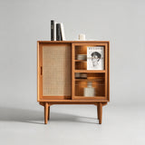 Nordic Pine Wood Sideboard with Rattan & Glass Sliding Doors - StoolTopia
