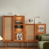 Nordic Pine Wood Sideboard with Rattan & Glass Sliding Doors - StoolTopia