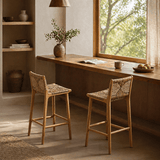 Nordic Solid Wood Bar Chair - Rattan Woven Seat with Backrest - StoolTopia