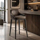 Nordic-Style Bar Stool with Curved Armrest – Ultra-Fiber Leather / Linen Fabric Options & Solid Wood Frame - StoolTopia