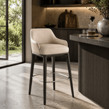 Nordic-Style Bar Stool with Curved Armrest – Ultra-Fiber Leather / Linen Fabric Options & Solid Wood Frame - StoolTopia