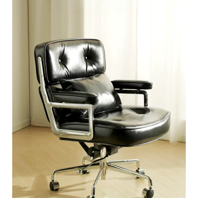Mid-Century Lobby Chair Executive Office Chair – Adjustable Swivel Leather Desk Chair with Aluminum Base