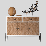 Radial Pattern Carved Wood Sideboard with Black Metal Legs (2 Sizes) - StoolTopia