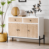 Radial Pattern Carved Wood Sideboard with Black Metal Legs (2 Sizes) - StoolTopia