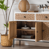 Radial Pattern Carved Wood Sideboard with Black Metal Legs (2 Sizes) - StoolTopia
