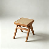 Rattan and Wood Stool - Minimalist Japandi Style Bench with Woven Seat - StoolTopia