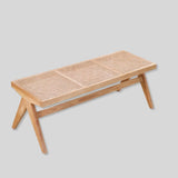 Rattan and Wood Stool - Minimalist Japandi Style Bench with Woven Seat - StoolTopia