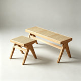 Rattan and Wood Stool - Minimalist Japandi Style Bench with Woven Seat - StoolTopia