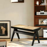 Rattan and Wood Stool - Minimalist Japandi Style Bench with Woven Seat - StoolTopia