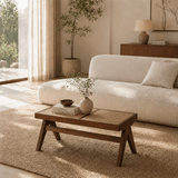 Rattan and Wood Stool - Minimalist Japandi Style Bench with Woven Seat - StoolTopia