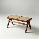 Rattan and Wood Stool - Minimalist Japandi Style Bench with Woven Seat - StoolTopia