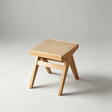 Rattan and Wood Stool - Minimalist Japandi Style Bench with Woven Seat - StoolTopia