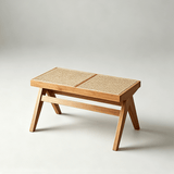 Rattan and Wood Stool - Minimalist Japandi Style Bench with Woven Seat - StoolTopia
