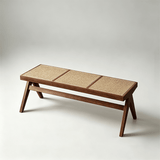 Rattan and Wood Stool - Minimalist Japandi Style Bench with Woven Seat - StoolTopia