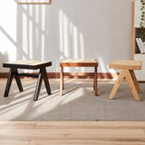 Rattan and Wood Stool - Minimalist Japandi Style Bench with Woven Seat - StoolTopia