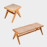 Rattan and Wood Stool - Minimalist Japandi Style Bench with Woven Seat - StoolTopia