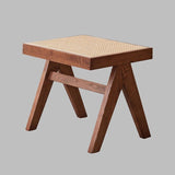 Rattan and Wood Stool - Minimalist Japandi Style Bench with Woven Seat - StoolTopia