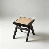 Rattan and Wood Stool - Minimalist Japandi Style Bench with Woven Seat - StoolTopia