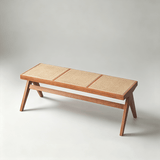 Rattan and Wood Stool - Minimalist Japandi Style Bench with Woven Seat - StoolTopia