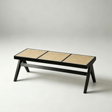 Rattan and Wood Stool - Minimalist Japandi Style Bench with Woven Seat - StoolTopia