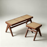 Rattan and Wood Stool - Minimalist Japandi Style Bench with Woven Seat - StoolTopia