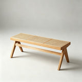 Rattan and Wood Stool - Minimalist Japandi Style Bench with Woven Seat - StoolTopia