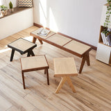 Rattan and Wood Stool - Minimalist Japandi Style Bench with Woven Seat - StoolTopia