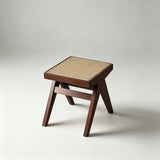 Rattan and Wood Stool - Minimalist Japandi Style Bench with Woven Seat - StoolTopia