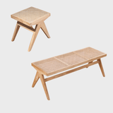 Rattan and Wood Stool - Minimalist Japandi Style Bench with Woven Seat - StoolTopia