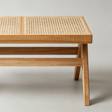 Rattan and Wood Stool - Minimalist Japandi Style Bench with Woven Seat - StoolTopia