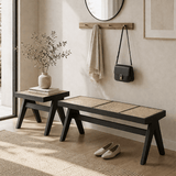 Rattan and Wood Stool - Minimalist Japandi Style Bench with Woven Seat - StoolTopia