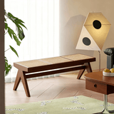 Rattan and Wood Stool - Minimalist Japandi Style Bench with Woven Seat - StoolTopia