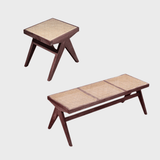 Rattan and Wood Stool - Minimalist Japandi Style Bench with Woven Seat - StoolTopia