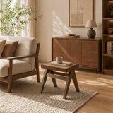 Rattan and Wood Stool - Minimalist Japandi Style Bench with Woven Seat - StoolTopia