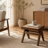 Rattan and Wood Stool - Minimalist Japandi Style Bench with Woven Seat - StoolTopia