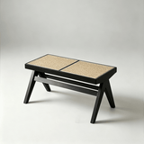 Rattan and Wood Stool - Minimalist Japandi Style Bench with Woven Seat - StoolTopia