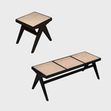 Rattan and Wood Stool - Minimalist Japandi Style Bench with Woven Seat - StoolTopia