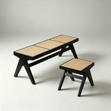Rattan and Wood Stool - Minimalist Japandi Style Bench with Woven Seat - StoolTopia