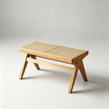 Rattan and Wood Stool - Minimalist Japandi Style Bench with Woven Seat - StoolTopia