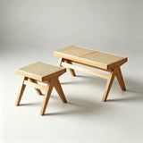 Rattan and Wood Stool - Minimalist Japandi Style Bench with Woven Seat - StoolTopia