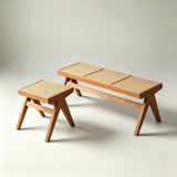Rattan and Wood Stool - Minimalist Japandi Style Bench with Woven Seat - StoolTopia