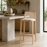 Rattan Back Farmhouse Barstools Mid Century Modern Wood Bar Chairs Comfortable PU Leather Kitchen Island Chairs for Pub/Breakfast Bar - StoolTopia